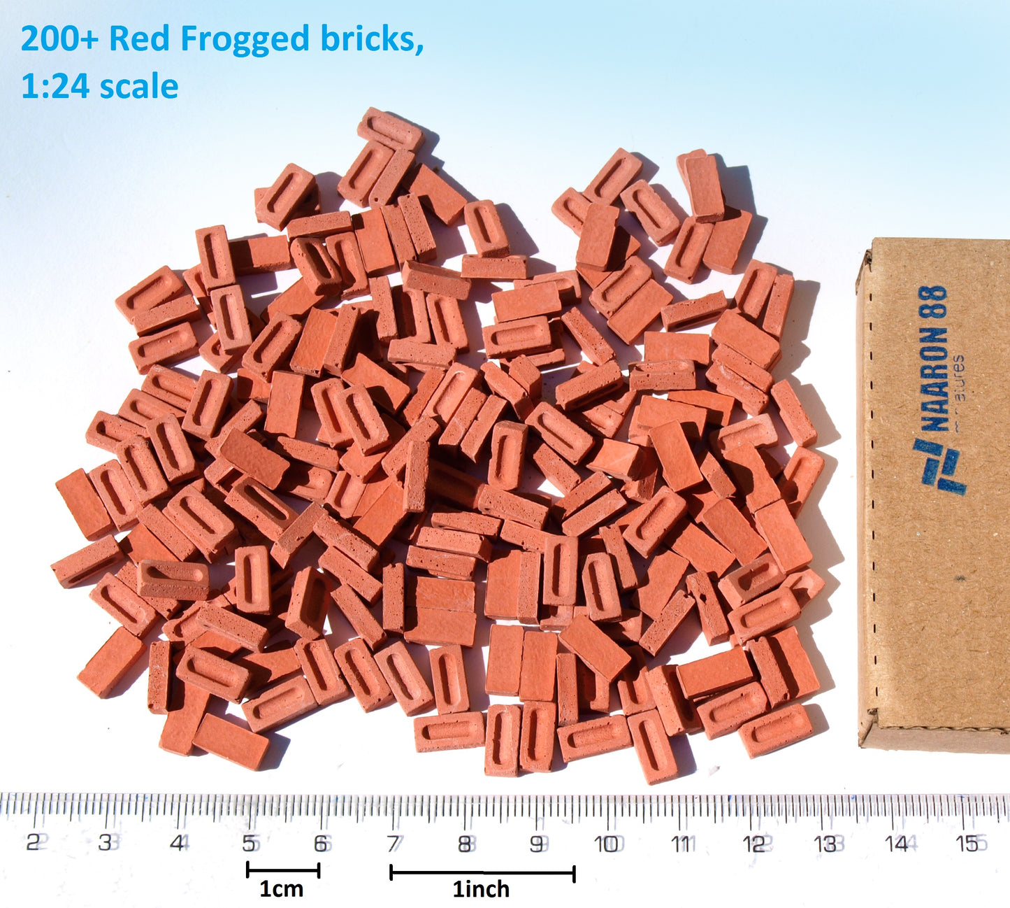 200 pieces of red 1:24 G scale bricks, made by naaron88, for model sceneries and dollhouse dioramas.