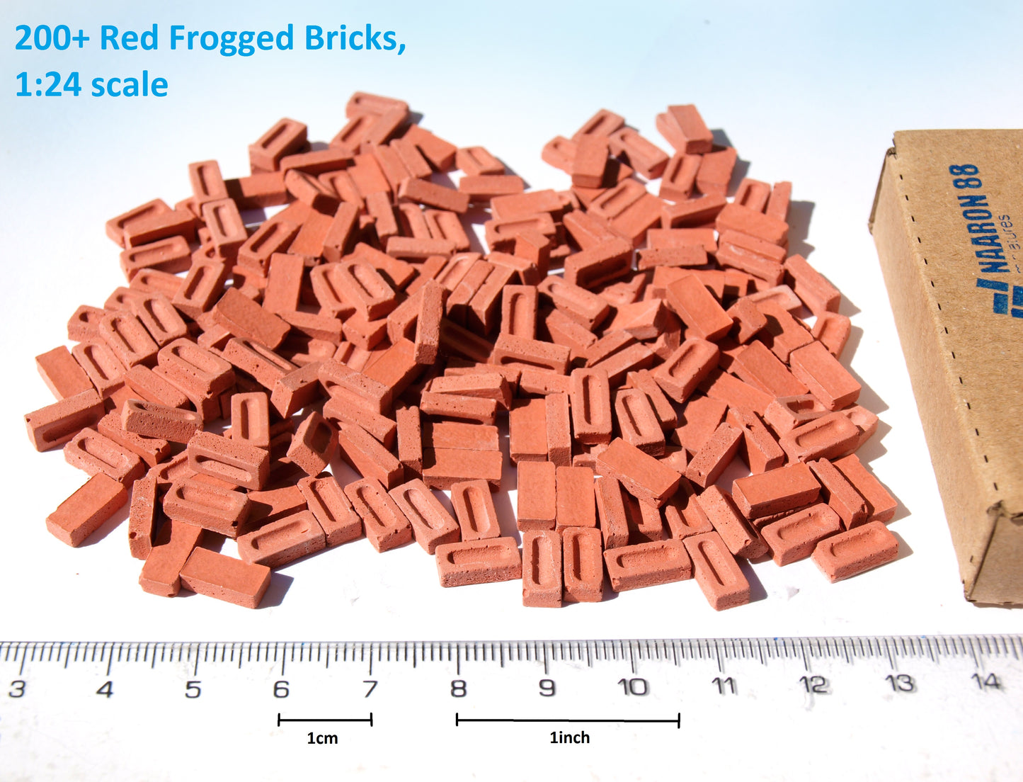 200 pieces of red 1:24 G scale bricks, made by naaron88, for model sceneries and dollhouse dioramas.