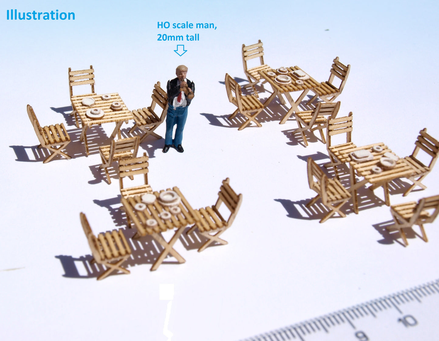 naaron88 ho scale miniature french cafe tables and chairs. Precisely laser cut DIY kits. Unbuilt and unpainted. Perfect for 1/87 dioramas and model scenes.
