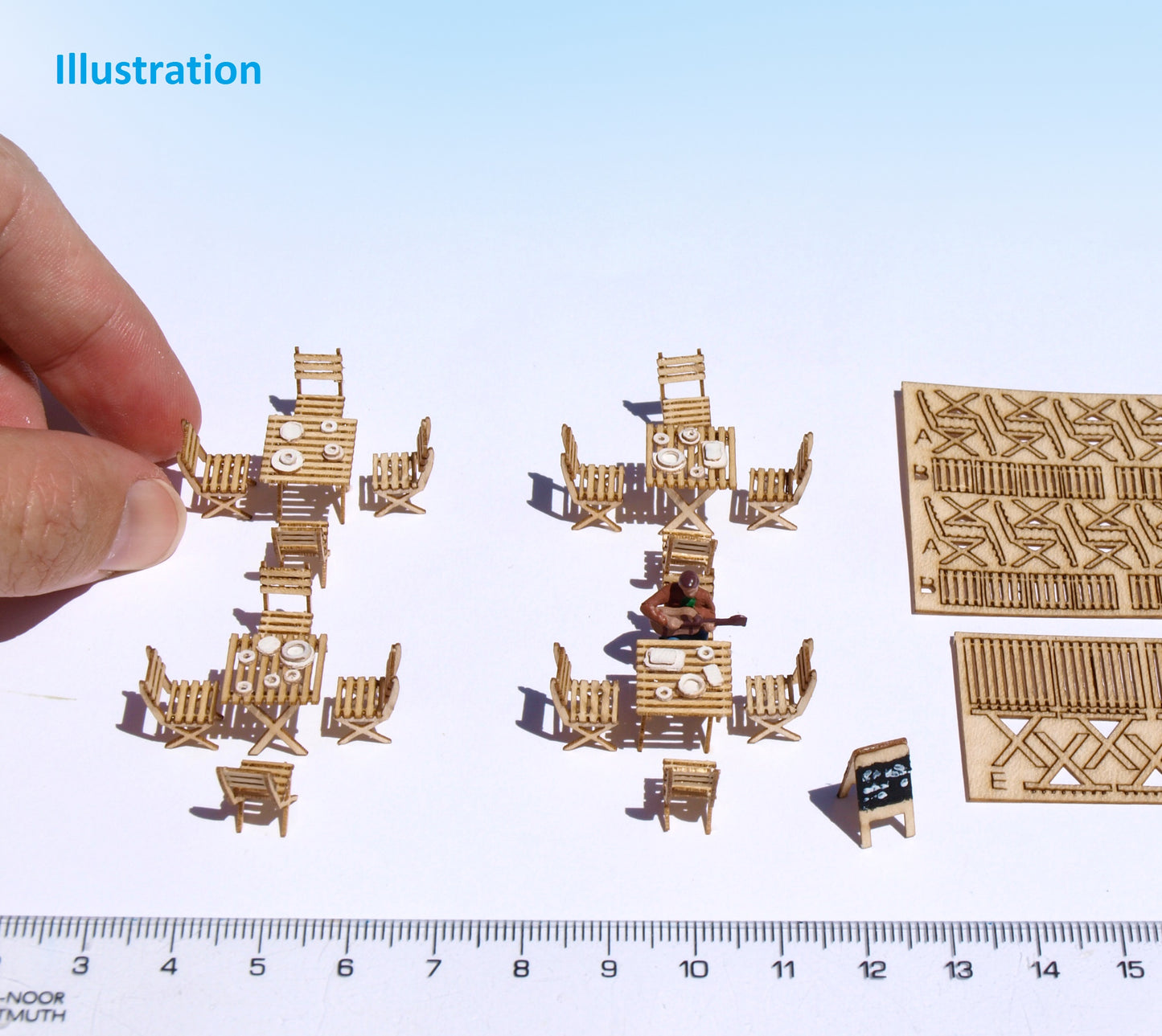 naaron88 ho scale miniature french cafe tables and chairs. Precisely laser cut DIY kits. Unbuilt and unpainted. Perfect for 1/87 dioramas and model scenes.