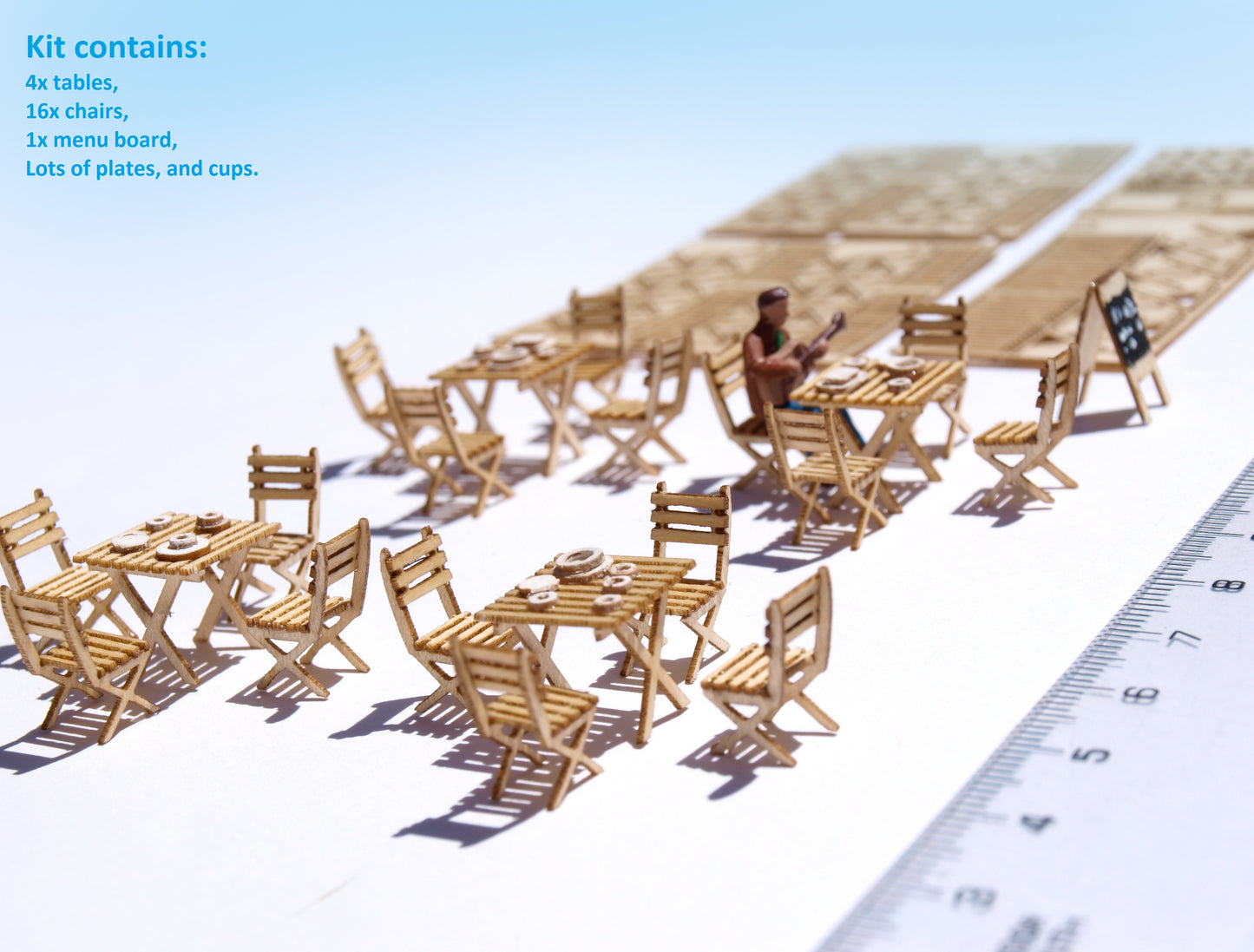 naaron88 ho scale miniature french cafe tables and chairs. Precisely laser cut DIY kits. Unbuilt and unpainted. Perfect for 1/87 dioramas and model scenes.