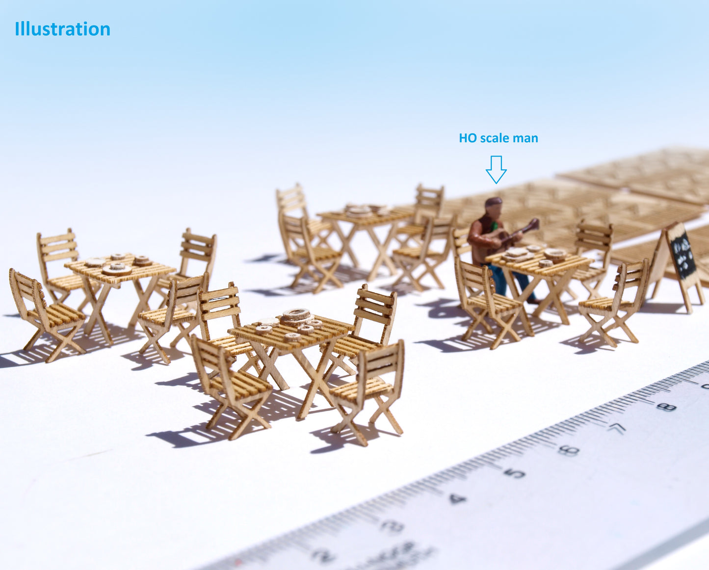 naaron88 ho scale miniature french cafe tables and chairs. Precisely laser cut DIY kits. Unbuilt and unpainted. Perfect for 1/87 dioramas and model scenes.