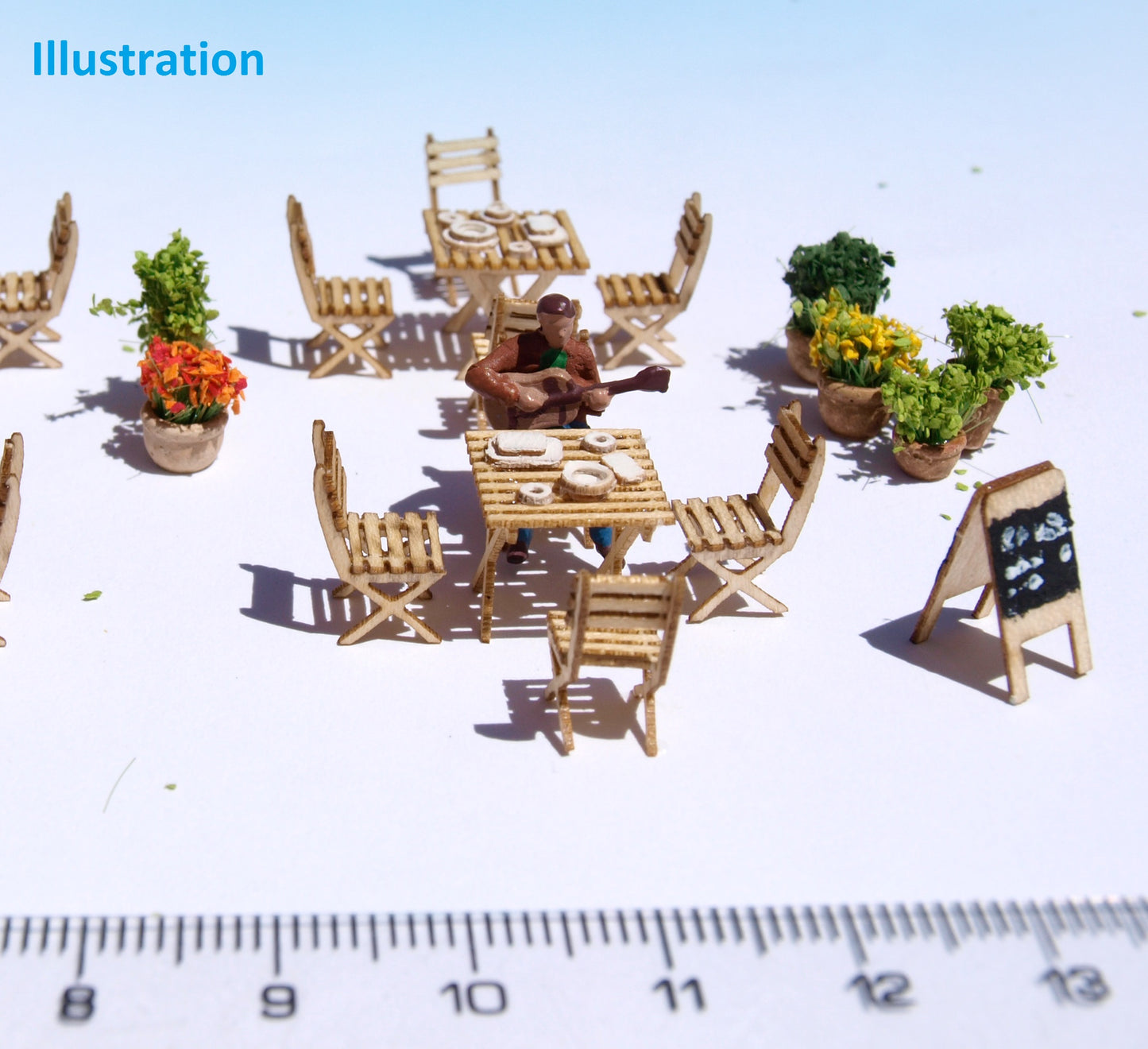 naaron88 ho scale miniature french cafe tables and chairs. Precisely laser cut DIY kits. Unbuilt and unpainted. Perfect for 1/87 dioramas and model scenes.