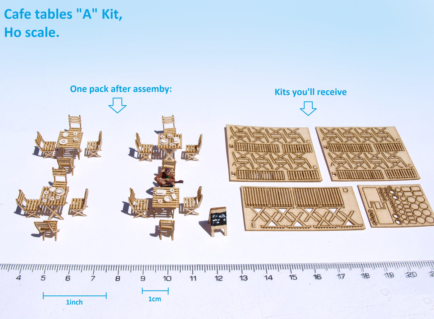 naaron88 ho scale miniature french cafe tables and chairs. Precisely laser cut DIY kits. Unbuilt and unpainted. Perfect for 1/87 dioramas and model scenes.