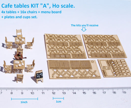 naaron88 ho scale miniature french cafe tables and chairs. Precisely laser cut DIY kits. Unbuilt and unpainted. Perfect for 1/87 dioramas and model scenes.