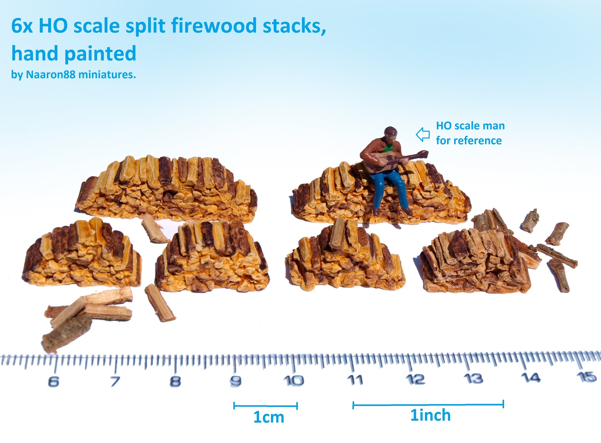 Naaron88 miniature split firewood stacks, painted 3D model for HO 1:87 scale dioramas and railway sceneries.