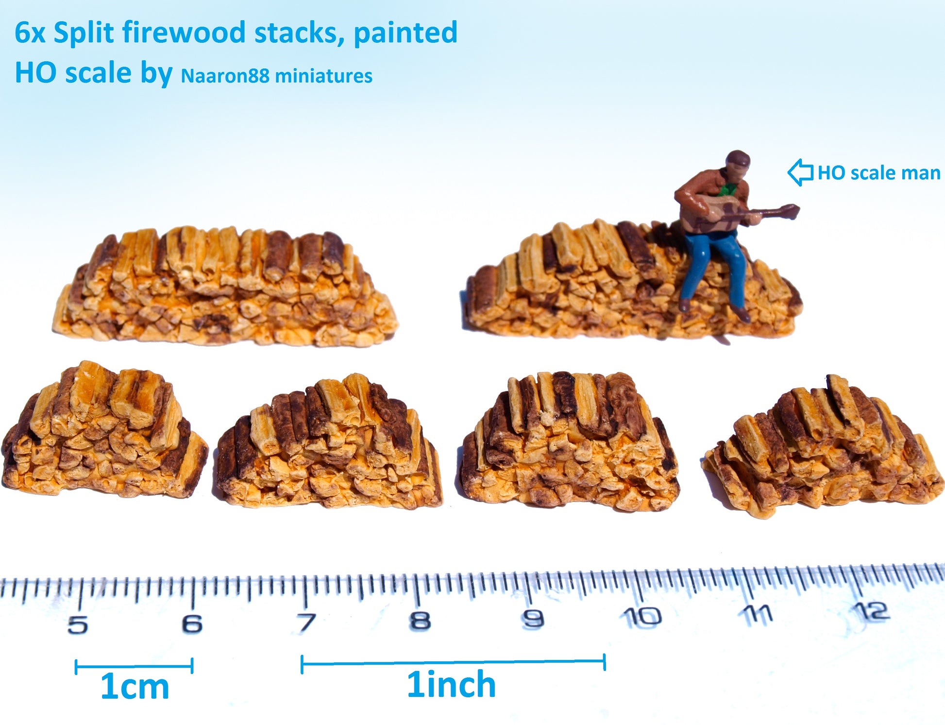 Naaron88 miniature split firewood stacks, painted 3D model for HO 1:87 scale dioramas and railway sceneries.