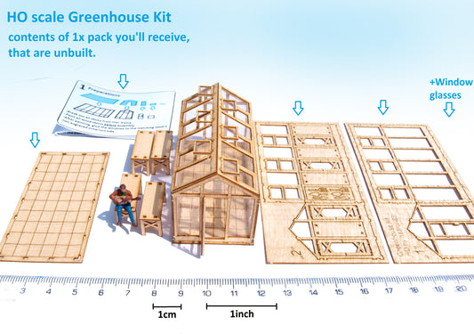 naaron88 miniature laser cut greenhouse building kit, unbuilt, unassembled. Ideal for HO scale hothouse dioramas.