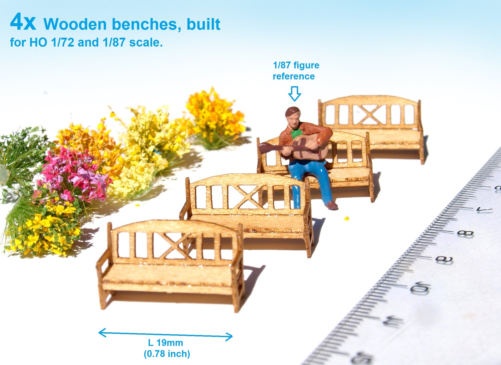 naaron88 HO scale garden benches, 4 pieces, built and painted, ready to use in your 1:87 scale miniature model diorama.