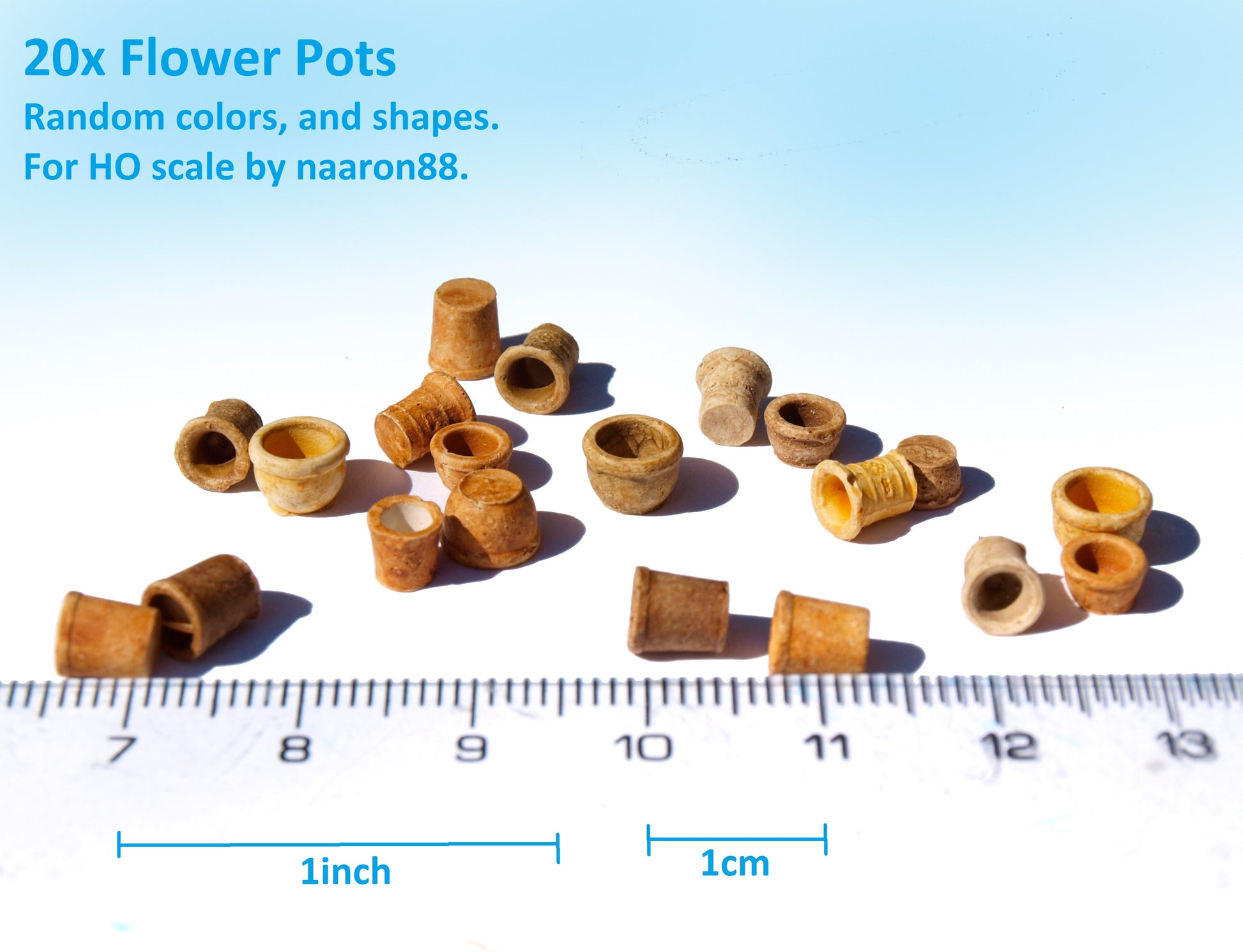 naaron88 miniature empty flower pots, painted plaster, for HO scale dollhouses and dioramas.